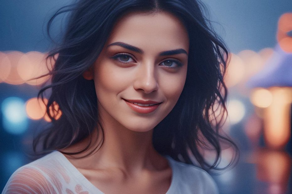 A woman with wavy dark hair and a subtle smile stands framed by city lights and bokeh. Her white shirt paired with a Travelon Anti-Theft Classic Medium Tour Bag exudes effortless urban chic.