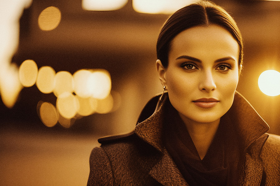 Elegant woman in stylish attire, radiating tranquility against a backdrop of blurred city lights at dusk.