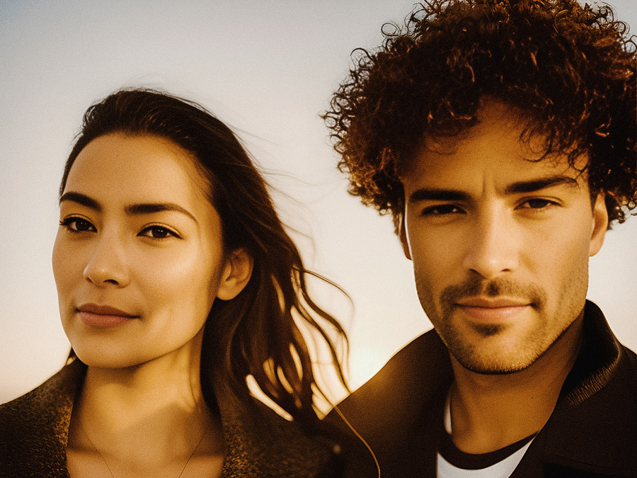 Two stylish individuals striking a pose, bathed in warm, soft lighting. A showcase of fashionable attire and accessories.