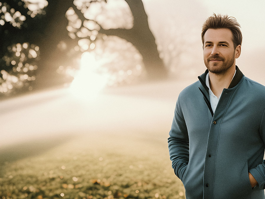 A stylish man with short brown hair and a beard stands confidently in a light blue jacket. The misty landscape, with the sun piercing through the fog and creating an ethereal glow, highlights his crisp white shirt.