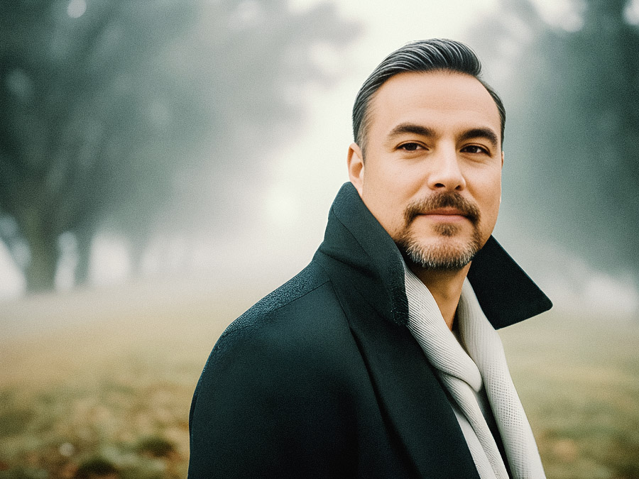 A stylish man with a trimmed beard stands outdoors in the fog, rocking a black coat with upturned collar and light scarf—a timeless misty-day fashion.