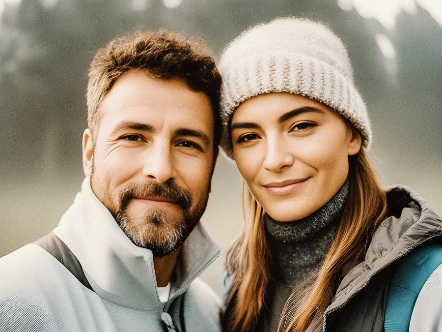 A bearded man and a woman in a beanie share smiles outdoors against a foggy forest. Both donned in cozy, stylish casual wear, epitomizing relaxed chic.