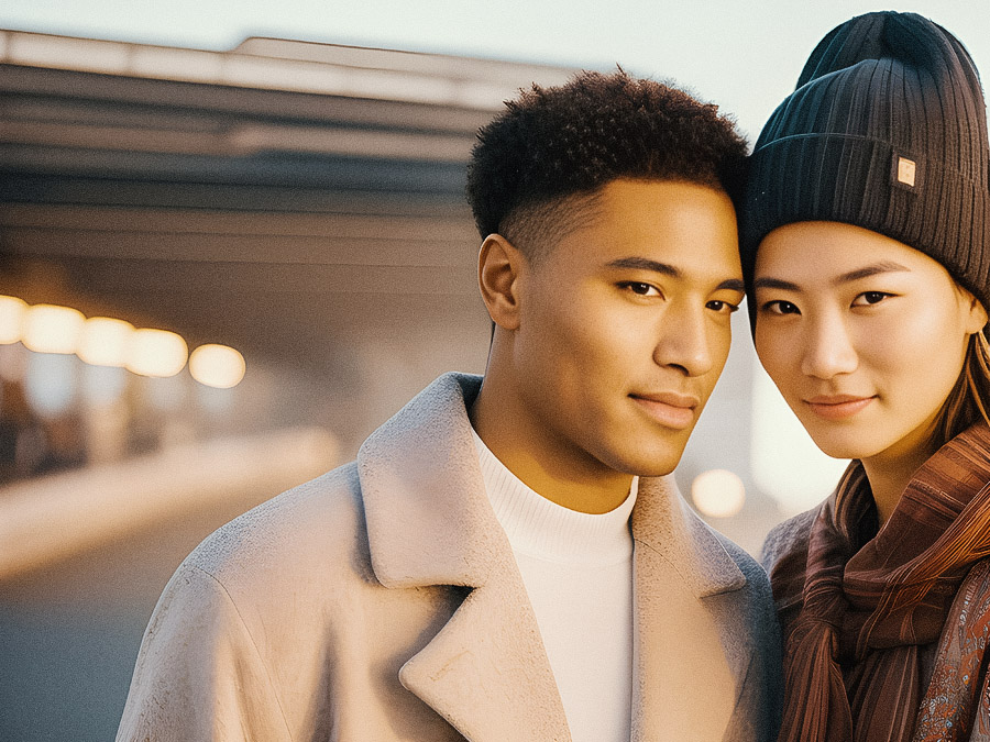 A stylish couple poses outdoors, embraced and smiling in chic winter coats; she accessorizes with a knit beanie, city lights twinkling behind them.