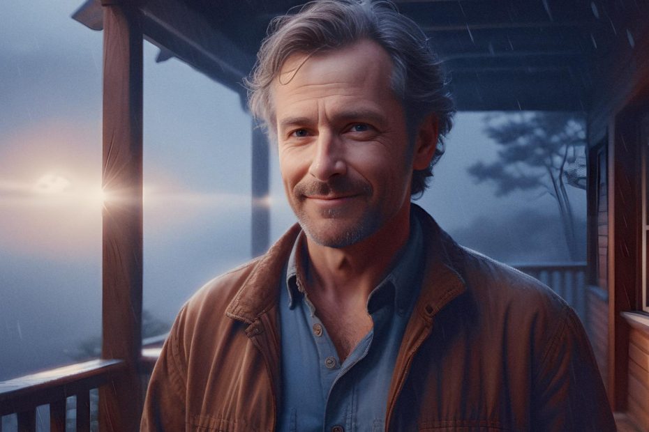 A stylish man with gray hair and beard in a brown jacket over a blue shirt smiles on a misty porch at sunset, embracing tranquil travel vibes.