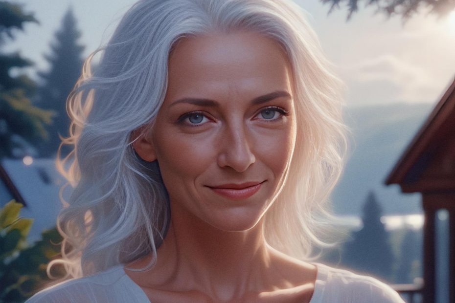 A woman with long, wavy white hair and blue eyes smiles gently. Outdoors, bathed in soft light, she wears a white shirt and carries a Tumi Alpha 2 Briefcase—this season's must-have professional accessory. Trees, a lake, and mountains blur in the background.