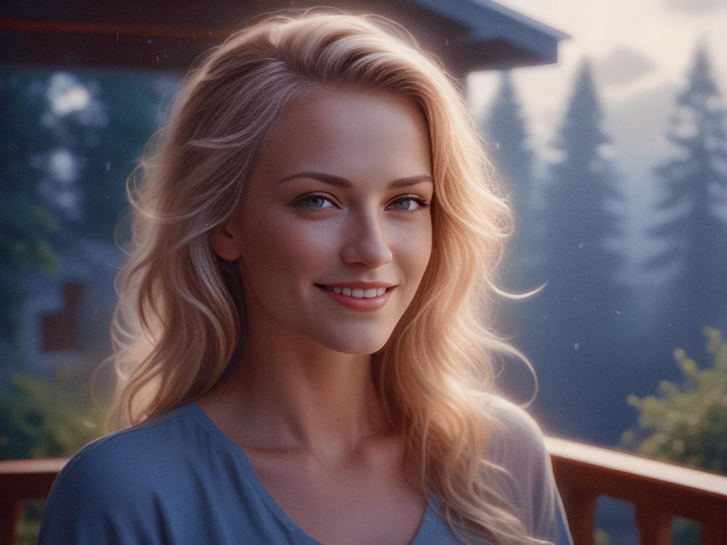 A woman with long, wavy blonde hair and blue eyes stands on a porch, exuding serene elegance. Pine trees and a charming house form the tranquil backdrop—a perfect capture of effortless travel-chic style.