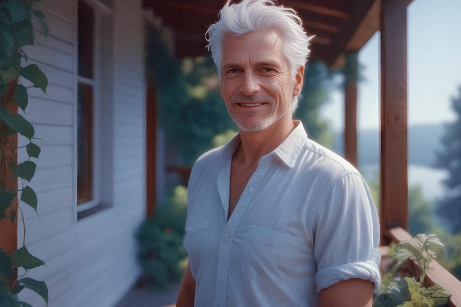 A white-haired man in a crisp white shirt stands on a wooden porch amidst lush greenery, effortlessly blending casual style with EDC accessories. Smiling and relaxed, he enjoys a sunny day by the water.