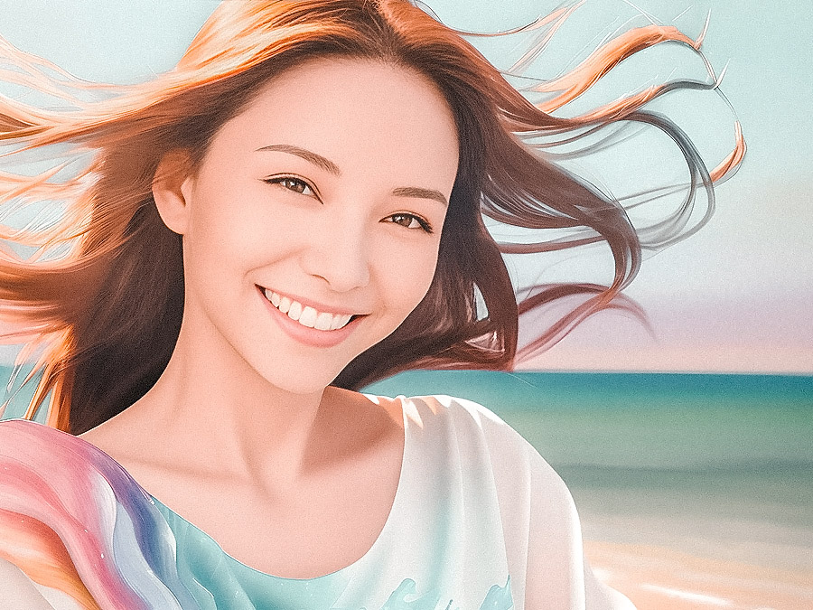 Stylish woman radiating joy on the beach, her hair flowing & fashionably accessorized with a messenger bag.