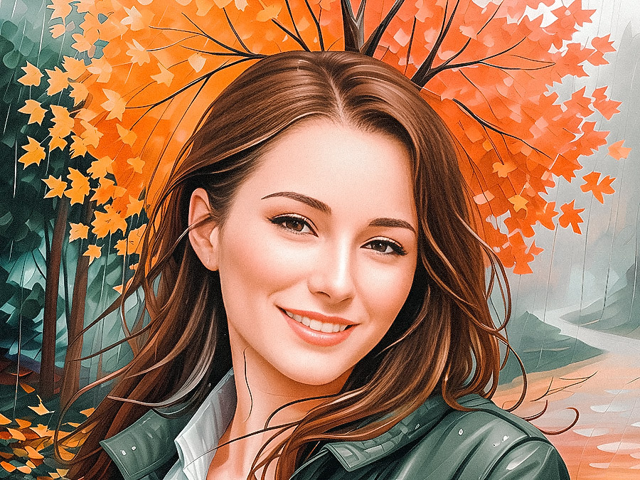 Elegant woman smiling, adorned with a stylish messenger bag against a vibrant autumn backdrop.