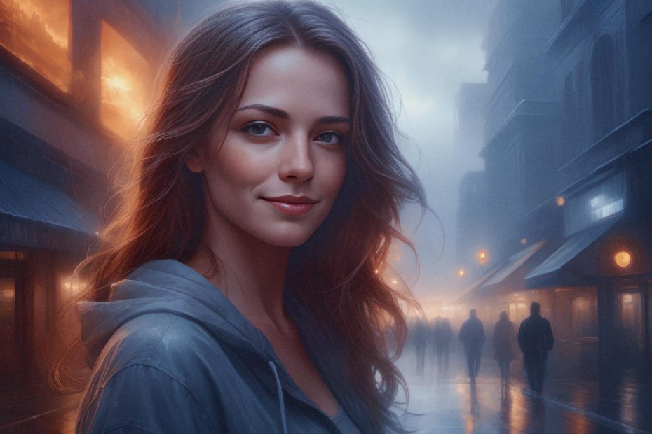 A woman with long, wavy brown hair and a soft smile stands on a misty street at dusk, illuminated by warm shop lights, exuding timeless elegance.