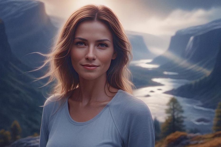 A woman with long, wavy hair smiles gently, styled in a chic light gray top and a versatile sling bag against a stunning mountain sunrise backdrop.