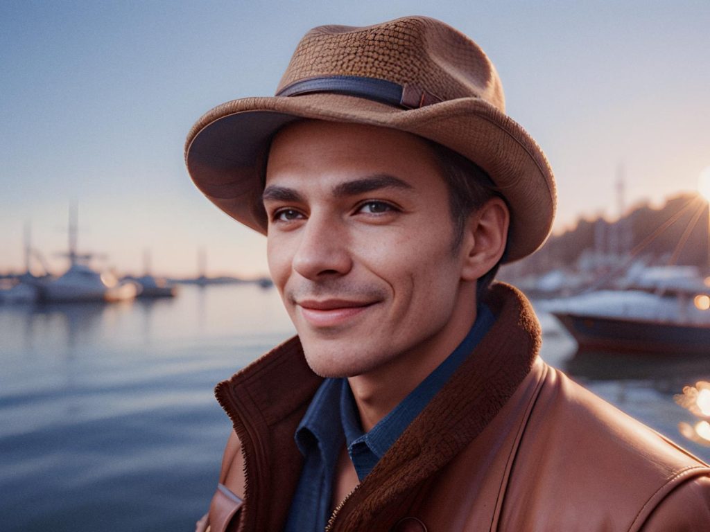 A man in a brown hat and jacket smiles near sunset-lit waters with boats docked. A Women's Encompass Convertible Hobo Bag adds a stylish flair.