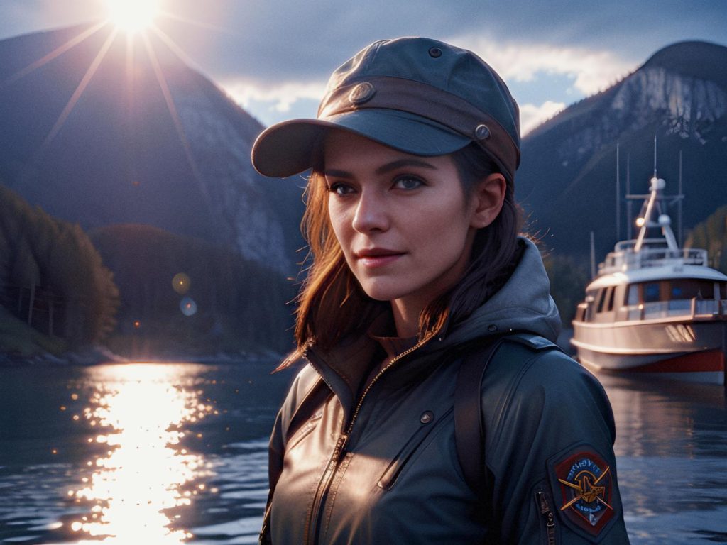 A stylish young woman in a chic outdoor jacket and cap stands by a tranquil lake, her Convertible Hobo Bag glowing in the warm sunset.