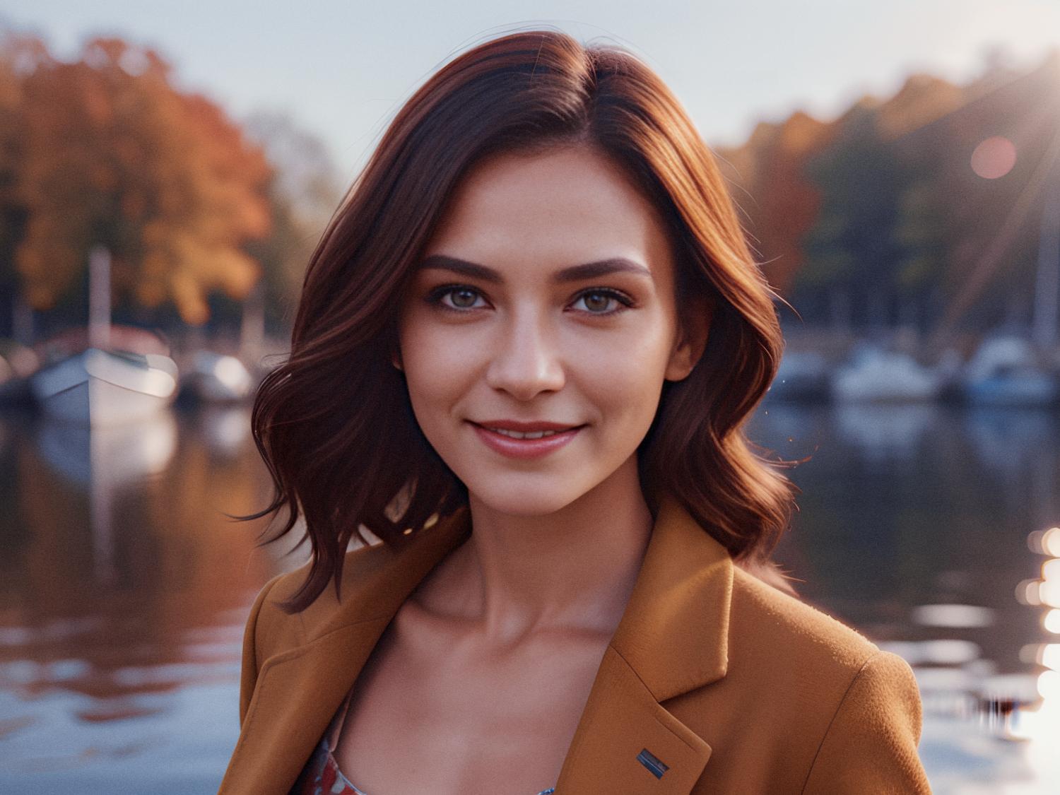 A young woman with shoulder-length brown hair and a warm smile stands by a serene lakeside, donning a chic brown jacket and carrying a trendy Convertible Hobo Bag. Fall boats and autumn trees frame the sunlit scene, adding tranquility to her stylish look.