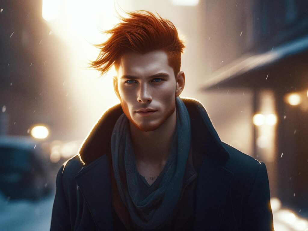 A chic individual with striking red hair styled upwards stands on an evening city street, adorned in a dark coat and scarf. The illuminated, snow-kissed cityscape behind them adds to the dramatic and moody ambiance.
