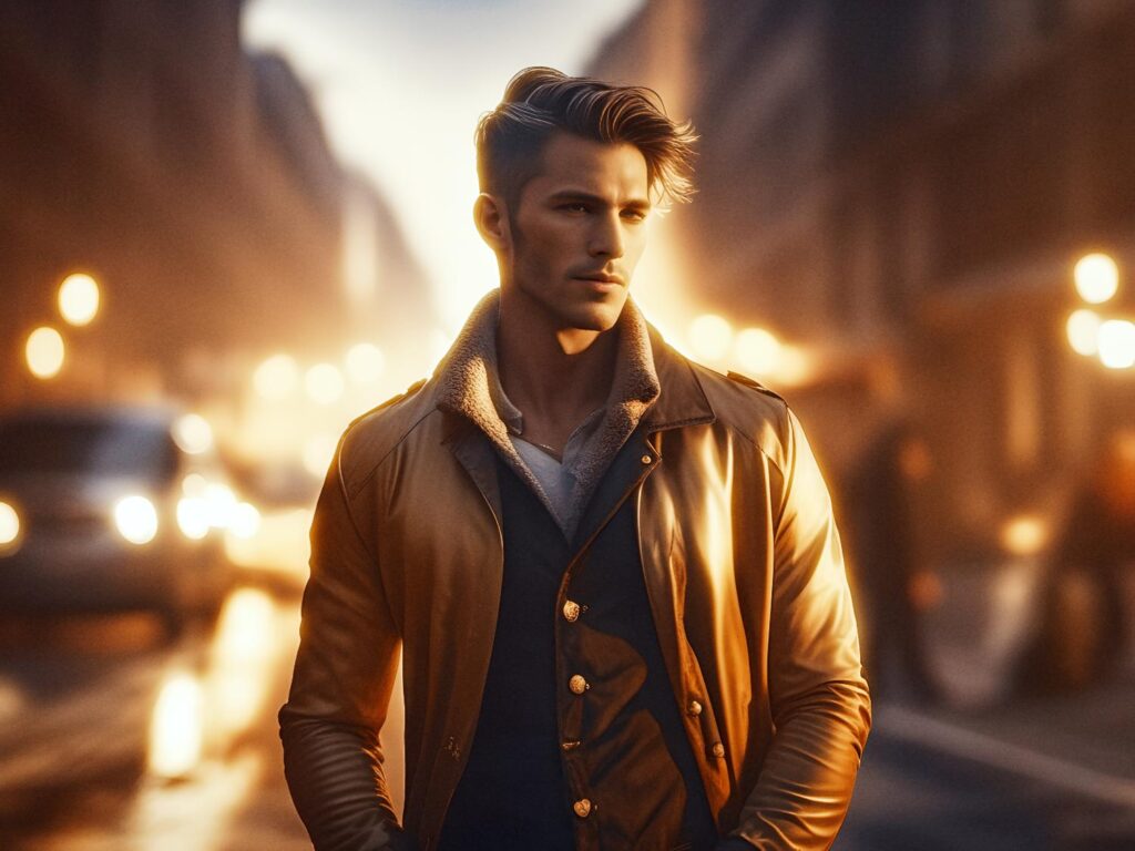 A chic individual with meticulously styled hair and a captivating gaze rocks a shearling-lined jacket, set against an urban backdrop at dusk. #StreetStyle