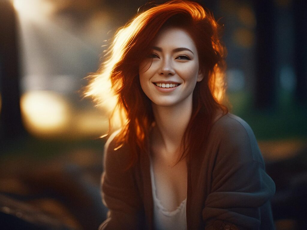 A woman with long, flowing red hair exudes warmth and elegance in a light top and chic brown cardigan. Sunrays filter through trees, creating a serene golden backdrop. #FashionTrends #EffortlessStyle