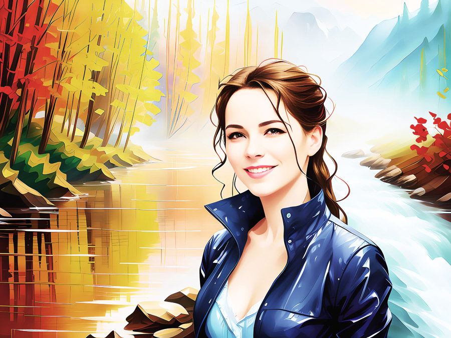 An adventurous woman donning a vibrant blue jacket gazes at a serene river, immersing in nature's tranquility.