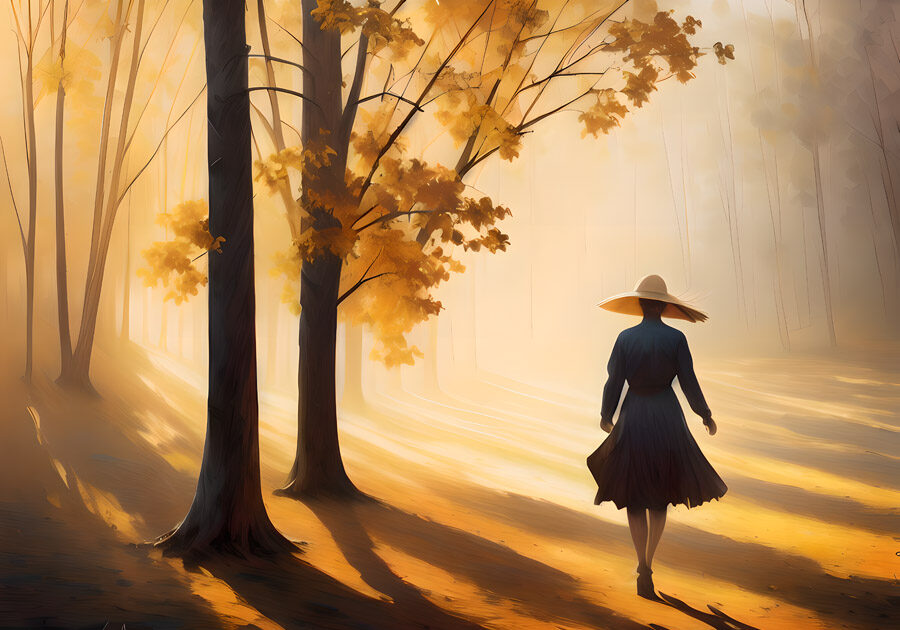 The perfect painting of a woman leading through a forest.