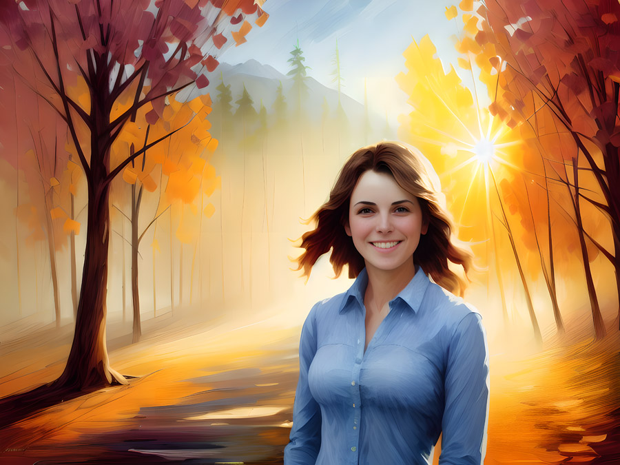 A perfect painting of a woman standing in a forest.