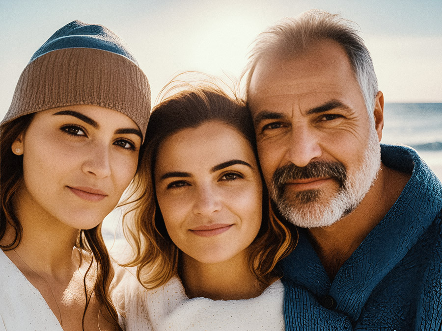 Three friends in chic coastal layers: one man with gray hair and beard, two women with flowing locks, one donning a trendy beanie. Ocean gleams behind.