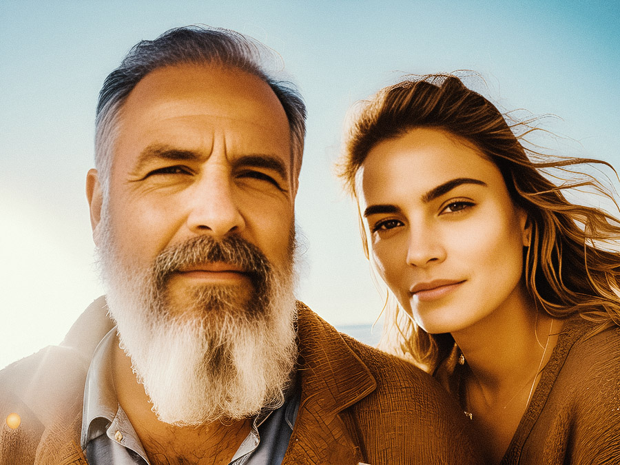 A close-up of a smiling duo radiates warmth. He flaunts a gray beard, brown jacket; she sports wind-blown hair, chic necklace under sunny skies.