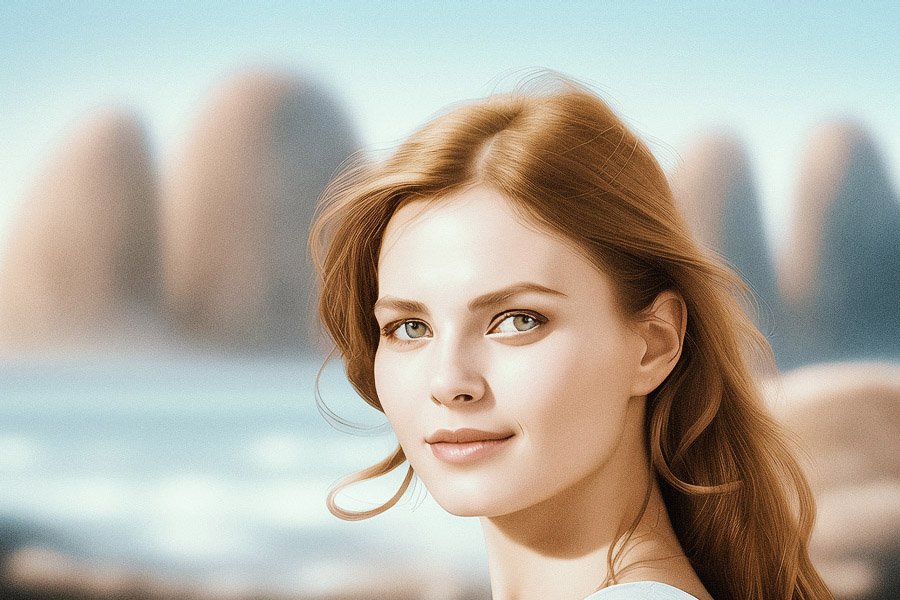 A woman with light brown hair shimmering in the breeze stands before a tranquil coastal view. Her light-colored top complements the sunlit sky, embodying effortless seaside chic.