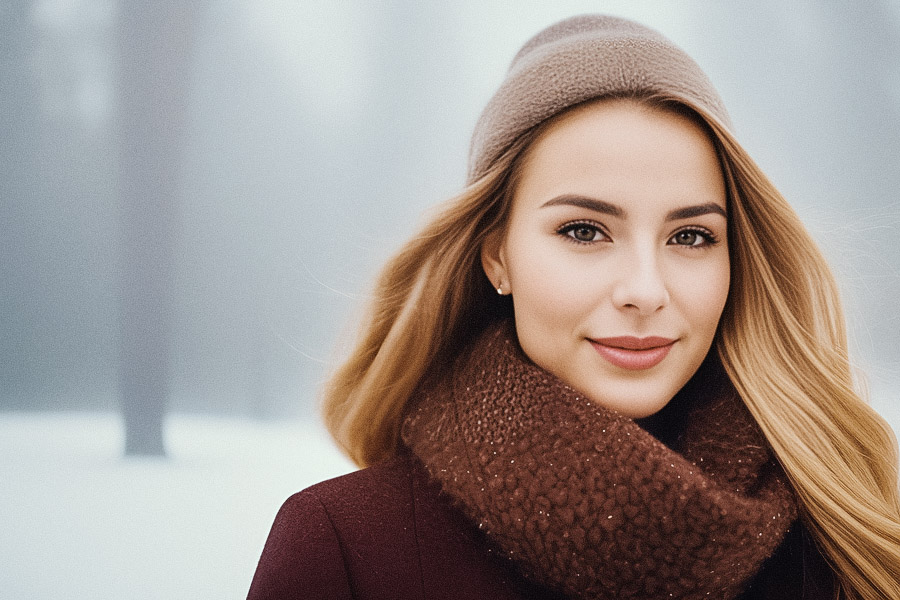 A young woman with long blonde hair smiles softly, embodying cozy winter fashion in a brown knitted hat, matching scarf, and maroon coat, set against a foggy snowy landscape.