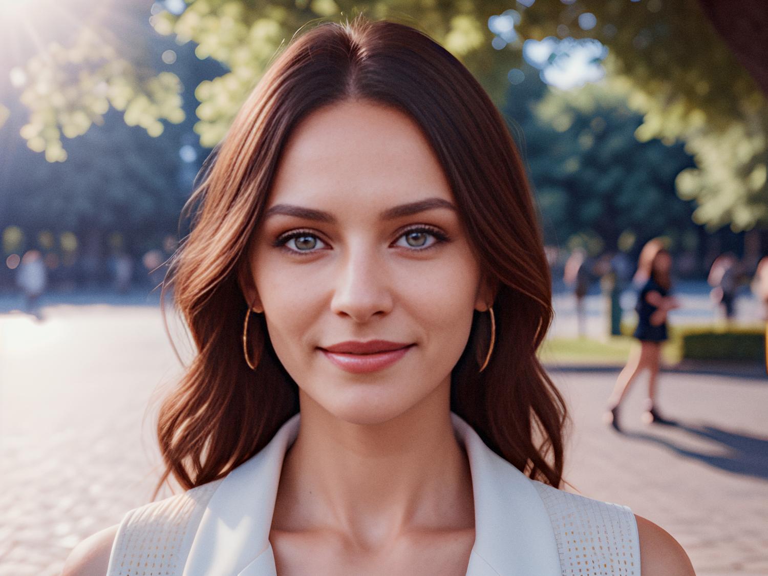 A woman with long brown hair and a slight smile stands in a sunlit park. She wears a chic sleeveless top, hoop earrings, and sports an Osprey Transporter Boarding Bag.