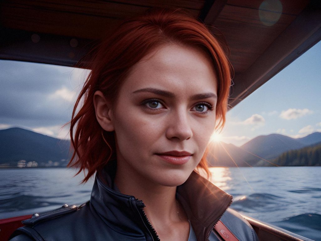 A red-haired woman exudes effortless style on a boat at sunset, dressed in a chic dark jacket. Her Osprey Packs Transporter Boarding Bag, the ultimate travel accessory, rests by her side against the glowing backdrop of water and mountains.