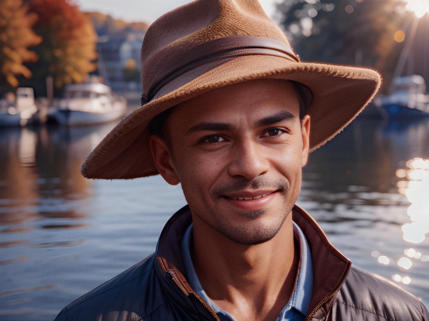 A man exudes effortless style in a brown wide-brimmed hat and zip-up jacket. He smiles by the water, his Osprey Transporter Waist Pack slung at his side, autumn trees and boats behind him.