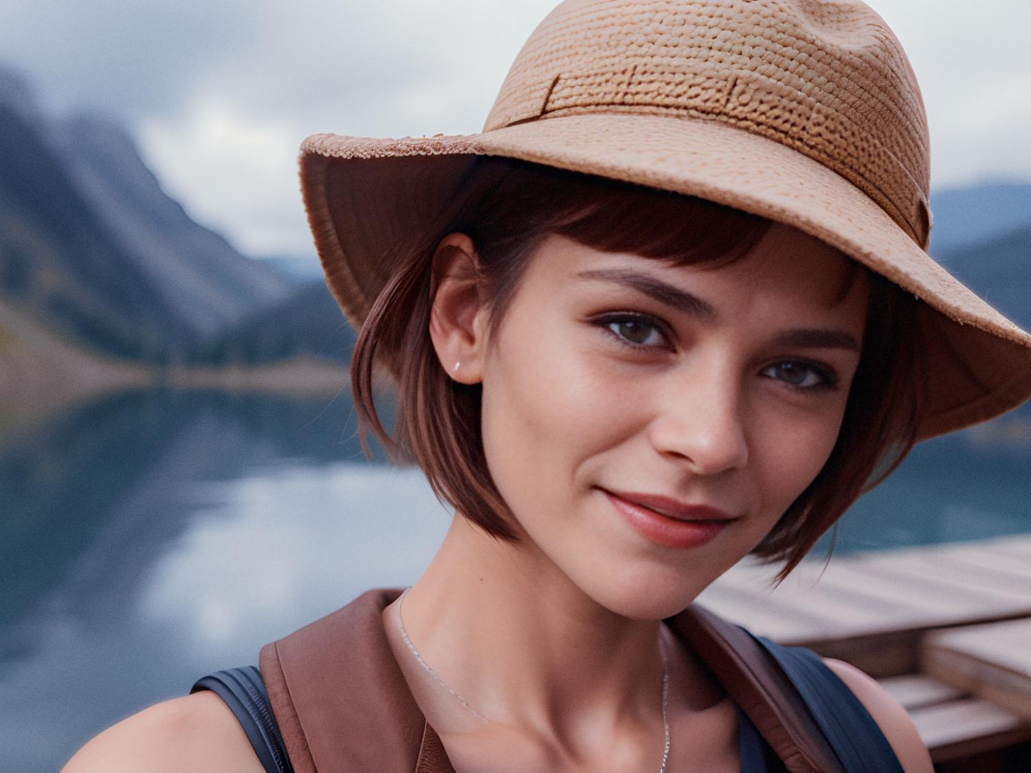 A young woman beams at the camera, styled in a chic wide-brimmed hat and brown vest. By a serene mountain lake, her Incase A.R.C. Commuter Pack slung over one shoulder completes her trendy explorer look.