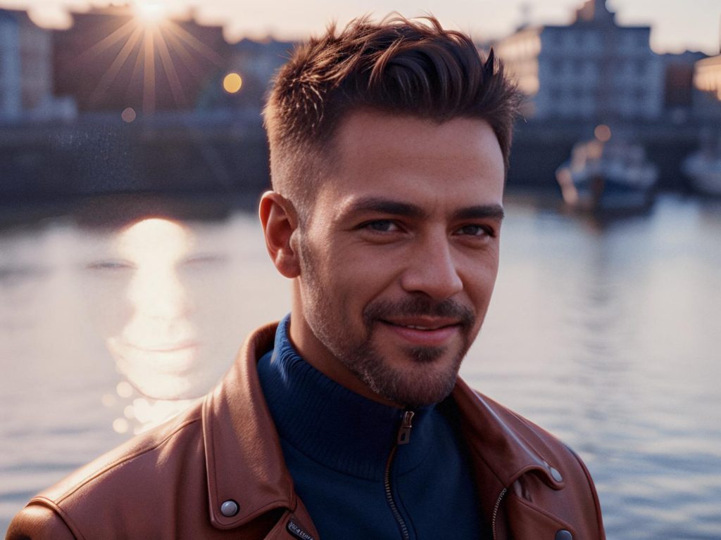 A stylish man with a beard in a brown jacket over a blue sweater smiles at the waterfront, perfect for capturing daily travel trends.