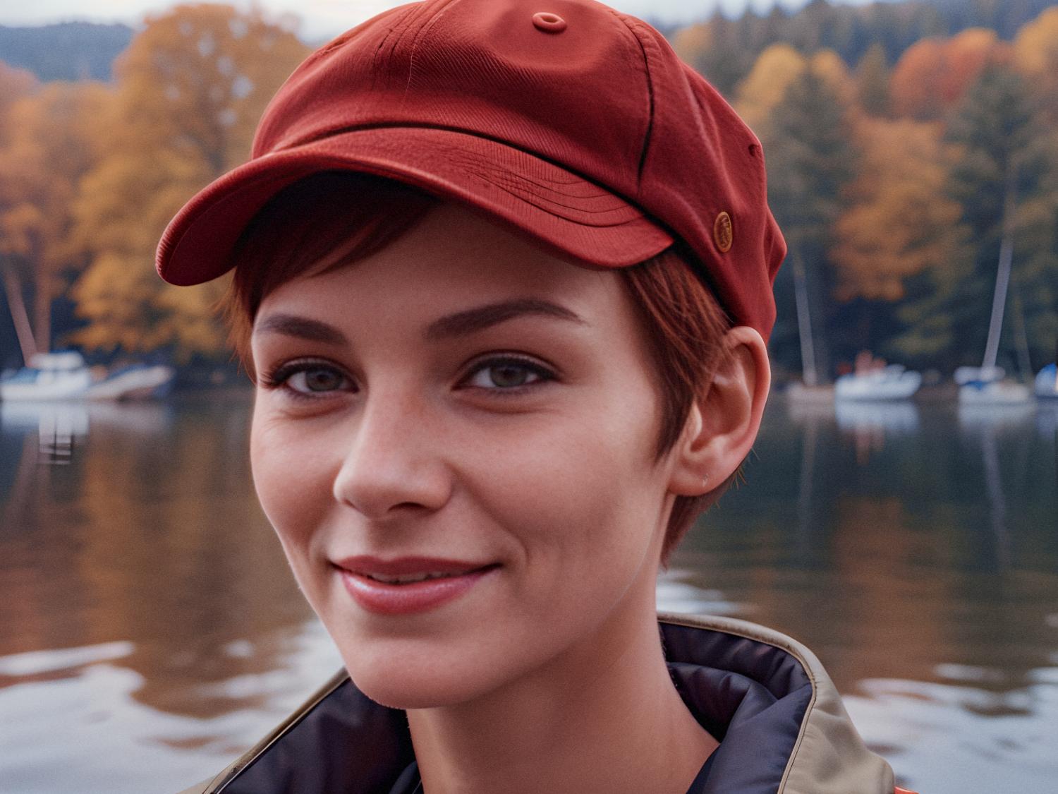 A stylish young person with short brown hair and a red cap smiles by an autumn lake. Sporting an outdoor jacket and the trendy Incase A.R.C. Commuter Pack, ready for any adventure. Boats rest peacefully in the background.
