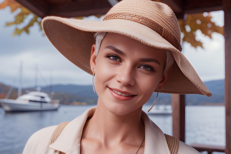 A person with short, blonde hair beams in a chic wide-brimmed hat and light jacket. They stand by a scenic waterfront, toting an Incase A.R.C. Commuter Pack, epitomizing stylish travel against a mountainous backdrop.