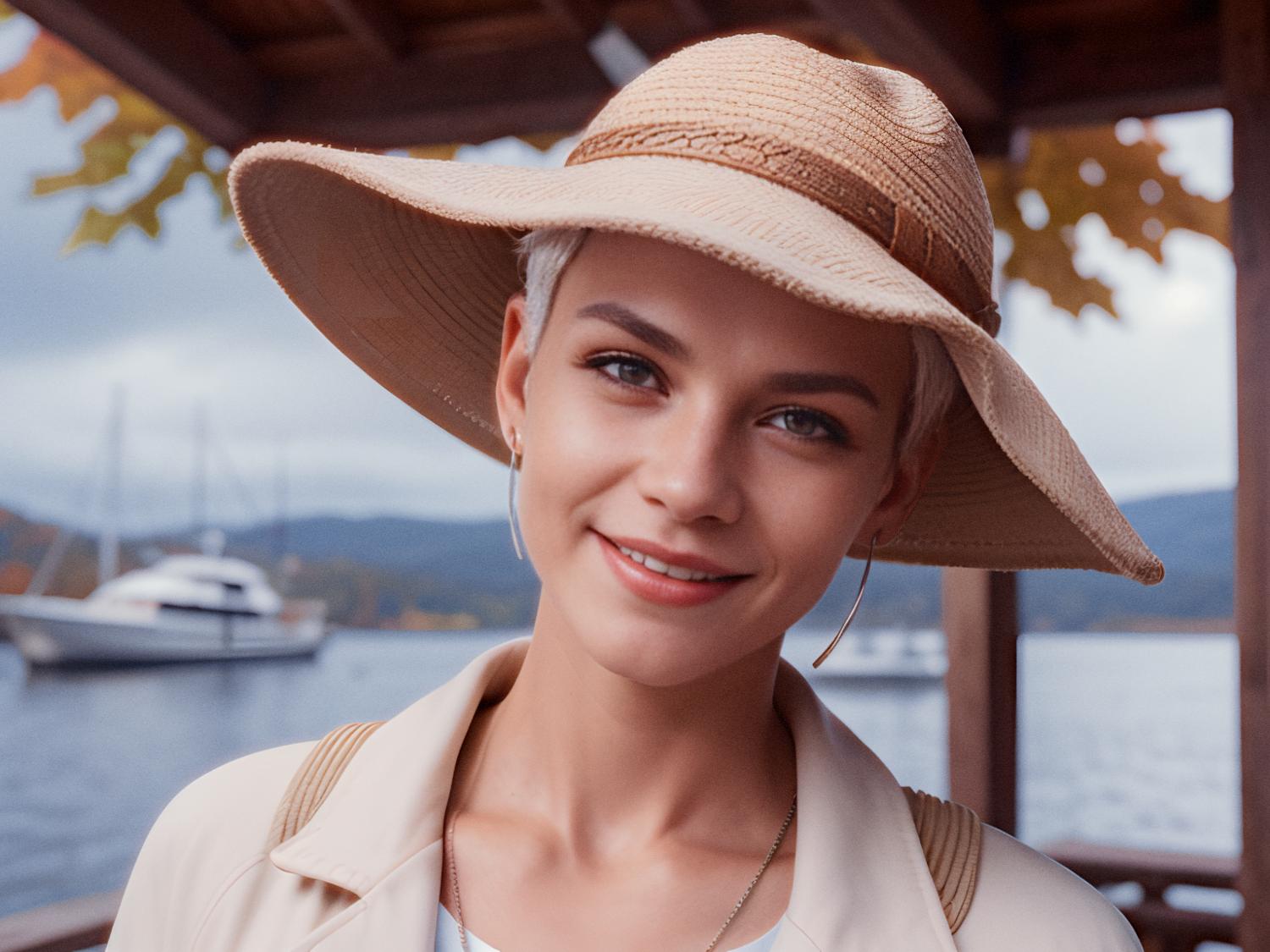 A person with short, blonde hair beams in a chic wide-brimmed hat and light jacket. They stand by a scenic waterfront, toting an Incase A.R.C. Commuter Pack, epitomizing stylish travel against a mountainous backdrop.