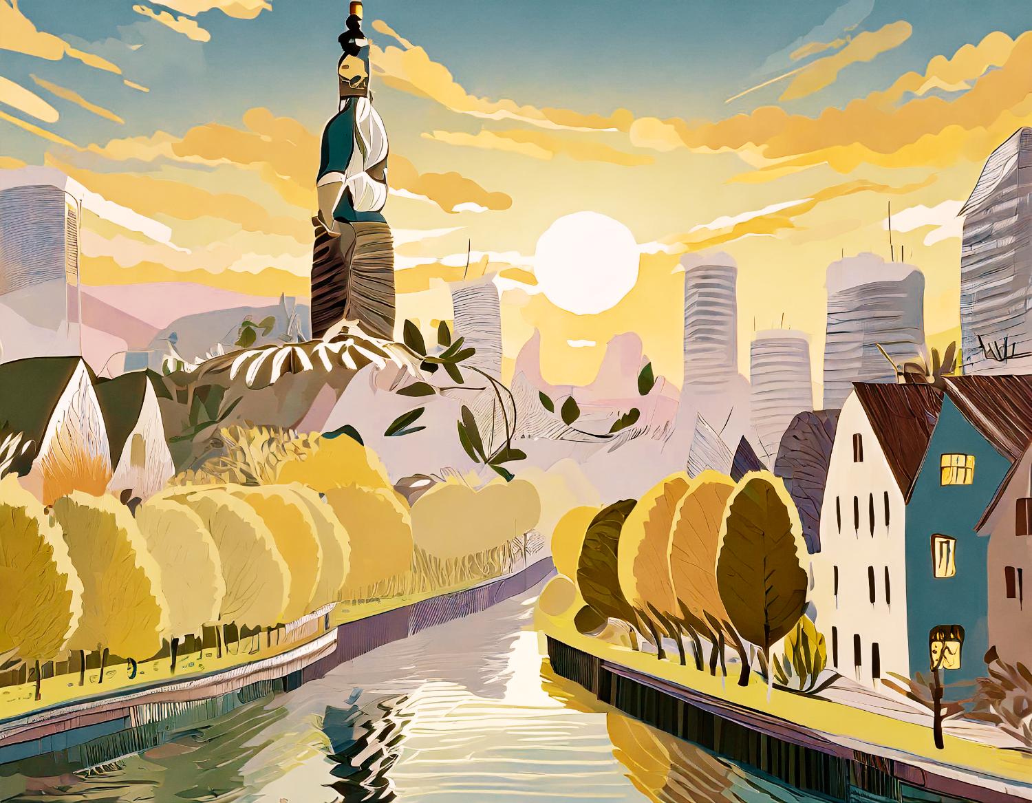 A stunning riverside sunset merges rustic charm and modern elegance—colorful houses with autumn hues, reflecting high-tech lifestyles by the water.