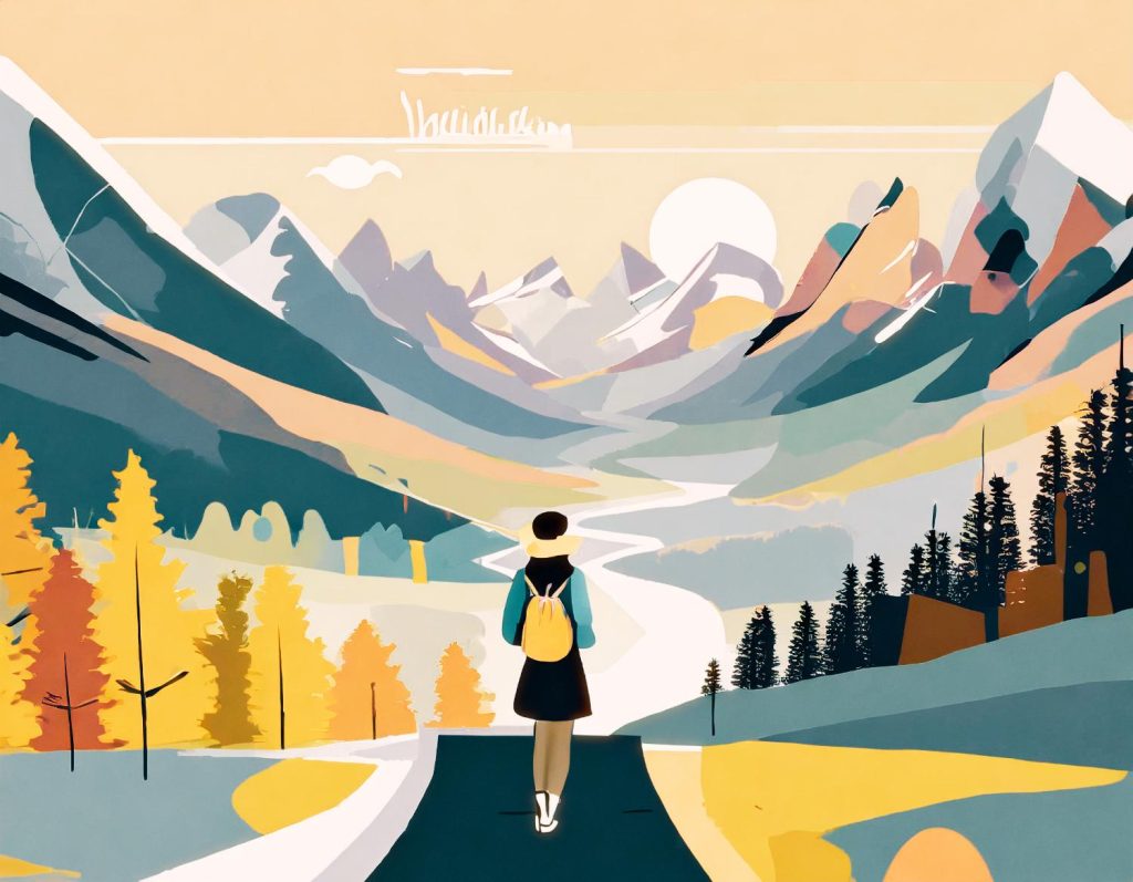 Illustration of a stylish traveler with a yellow A.R.C. Tech Tote backpack, gazing at sunlit mountains. Colorful trees and abstract elements enhance the serene scene. Perfect blend of fashion and adventure accessories.