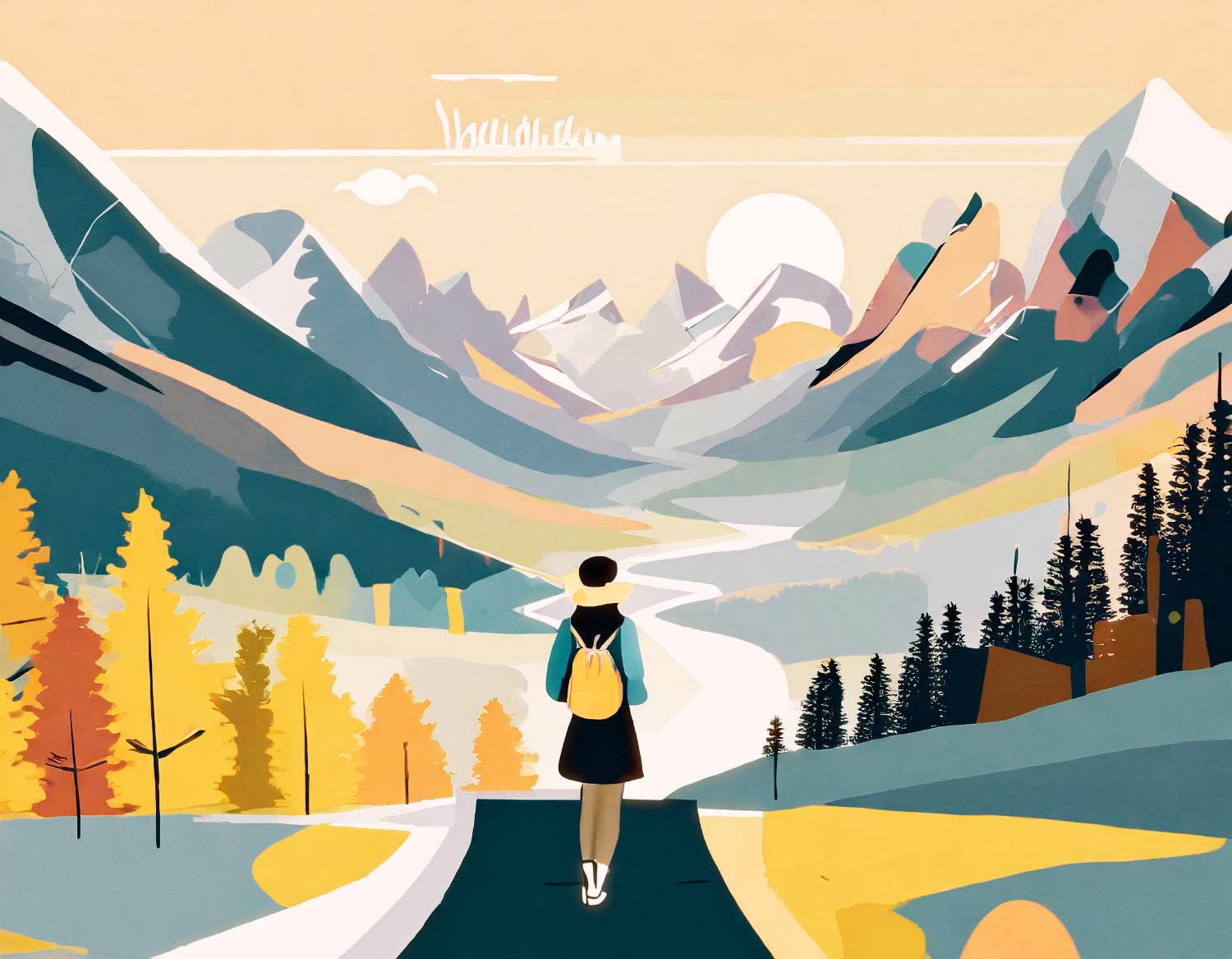 Illustration of a stylish traveler with a yellow A.R.C. Tech Tote backpack, gazing at sunlit mountains. Colorful trees and abstract elements enhance the serene scene. Perfect blend of fashion and adventure accessories.