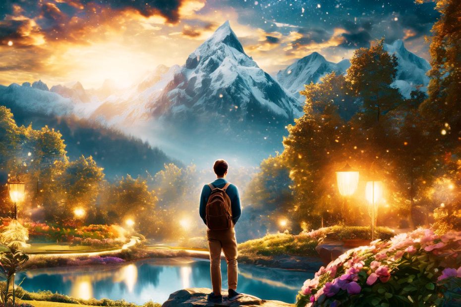 A stylish adventurer stands on a rock, their A.R.C. Tech Tote slung over the shoulder, gazing at a starry dusk landscape. Snow-capped peaks and glowing street lamps enhance the mesmerizing scene.