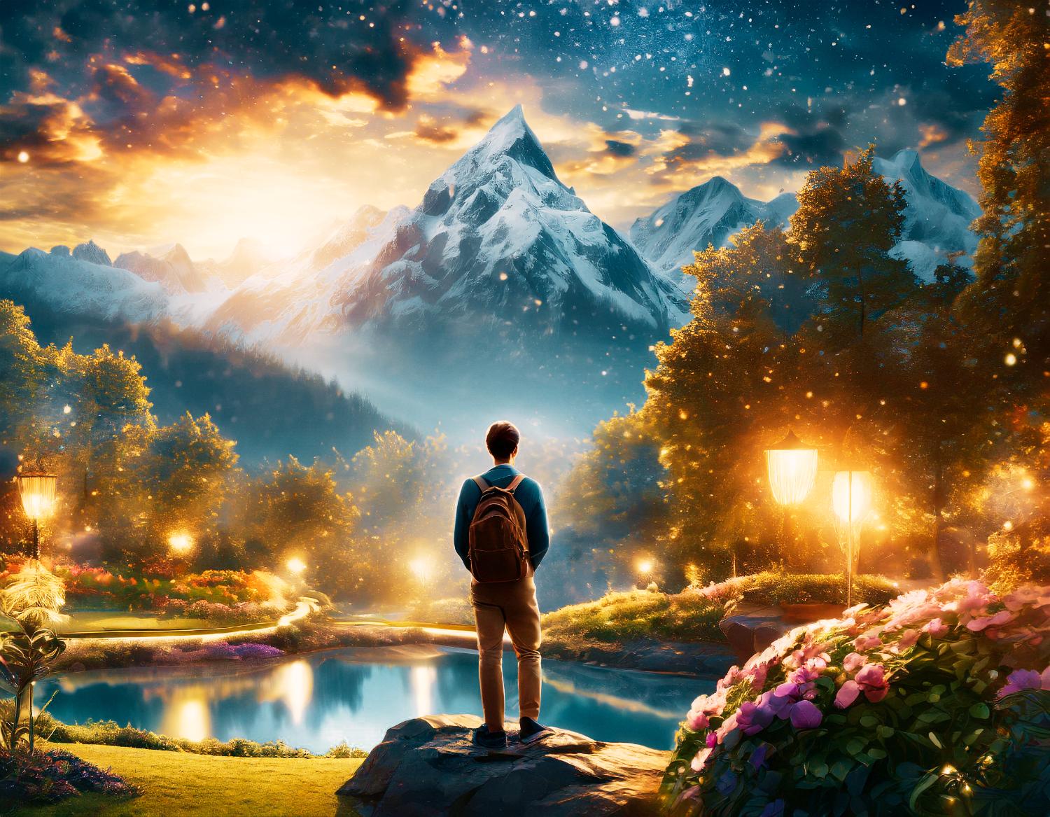 A stylish adventurer stands on a rock, their A.R.C. Tech Tote slung over the shoulder, gazing at a starry dusk landscape. Snow-capped peaks and glowing street lamps enhance the mesmerizing scene.