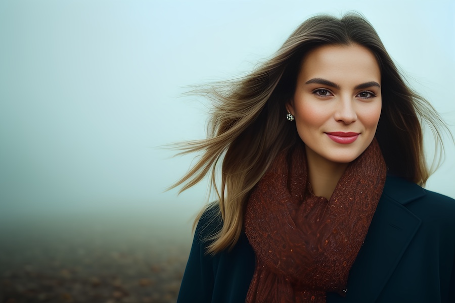 Beautiful woman, scarf, foggy day.