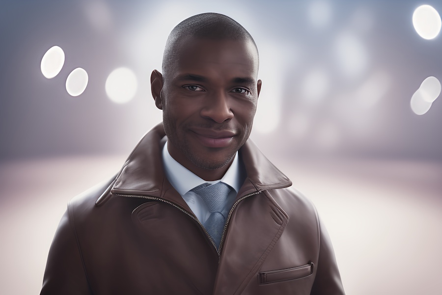 A man in a brown jacket is smiling. Keywords: man, brown jacket, smiling.