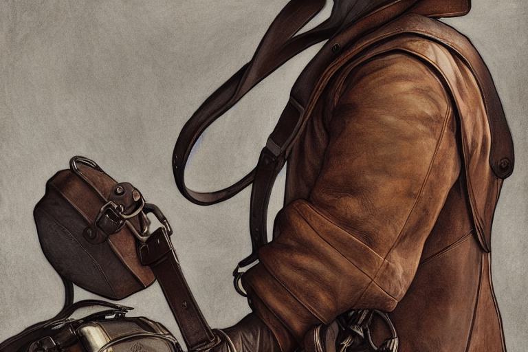 A drawing of a man in a brown leather coat holding a messenger bag for men.