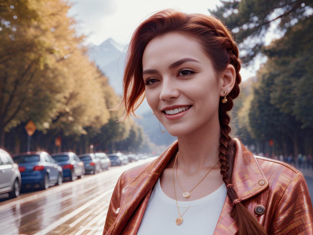 A woman with long, braided red hair stands on a tree-lined street, sporting a trendy metallic pink jacket, gold layered necklaces, and a chic messenger bag. Autumn-colored trees and distant mountains paint the backdrop.