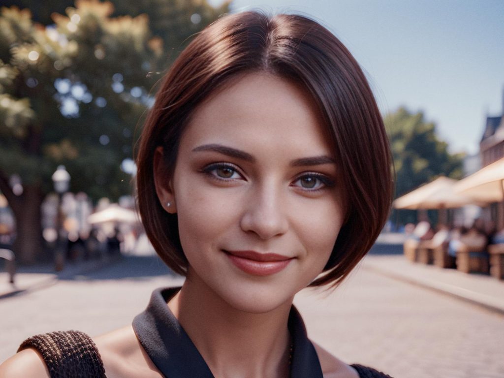 A young woman with chic short brown hair and a radiant smile stands outdoors, wearing a sleek black sleeveless top. Trees and umbrellas frame the stylish scene.