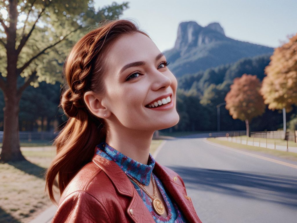 A young woman with a radiant smile rocks a red leather jacket over a blue patterned shirt and carries a chic leather messenger bag. She stands on a scenic road framed by vibrant autumnal trees and distant mountains, epitomizing effortless fall fashion.