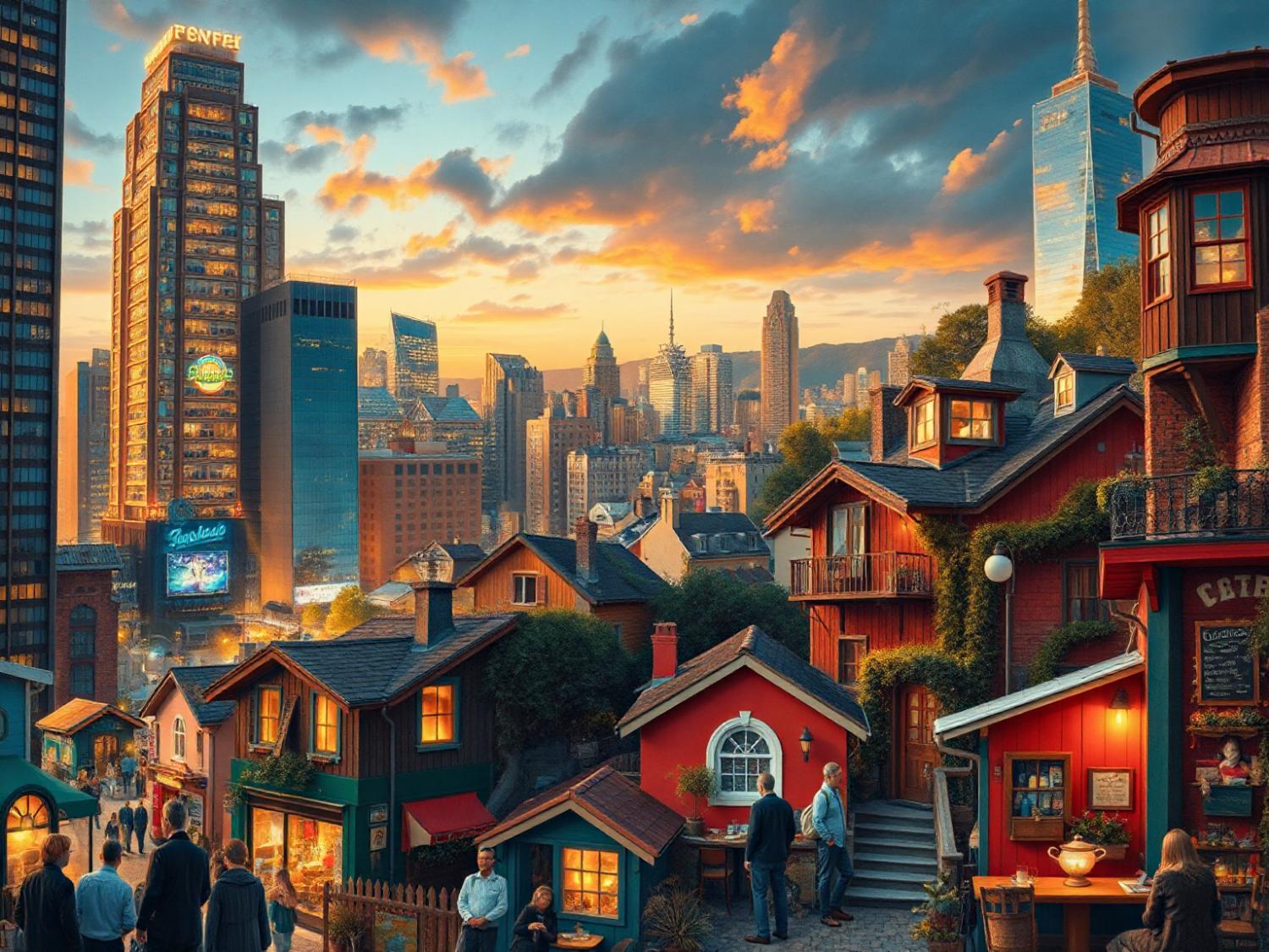 A vibrant cityscape at sunset showcases modern skyscrapers and colorful houses. Trendsetters stroll with chic messenger bags in tow.