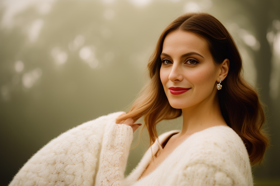 A stylish woman in a white coat posing for a photo, reflecting men's fashion trends.