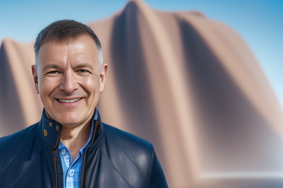A man in a trendy blue jacket is smiling in front of a rock.